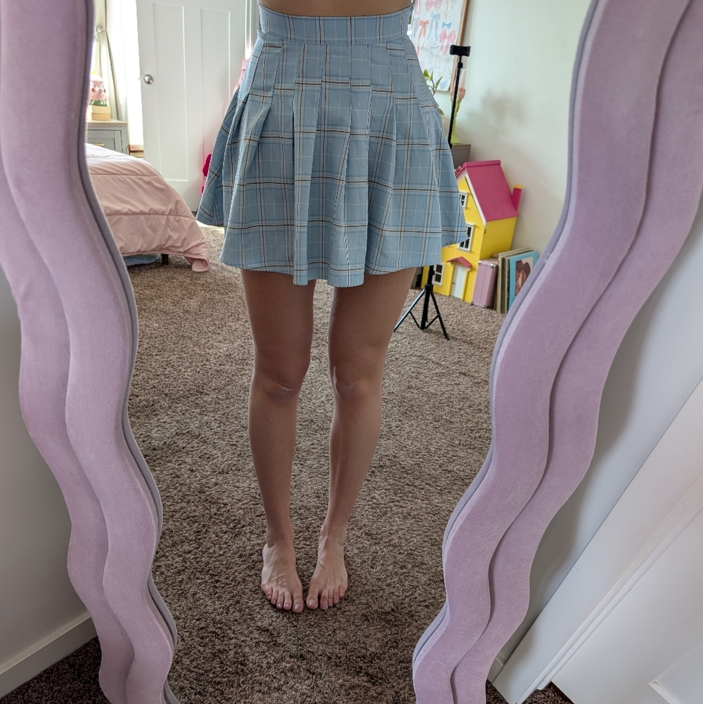 Light Blue Plaid Pleated Mini Skirt Size Small